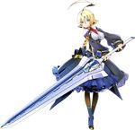  absurdres ahoge blazblue blazblue:_central_fiction blonde_hair blue_eyes braid breasts es_(xblaze) flipped_hair full_body greatsword hair_between_eyes highres huge_ahoge huge_weapon katou_yuuki large_breasts long_hair official_art pantyhose short_hair single_braid solo sword transparent_background underbust weapon xblaze xblaze_code:_embryo xblaze_lost:_memories 