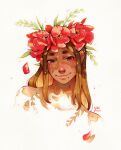  1girl bare_shoulders brown_eyes brown_hair closed_mouth collarbone colored_pencil_(medium) cropped_shoulders dark-skinned_female dark_skin dimple falling_petals flower flower_wreath hair_flower hair_ornament head_wreath leaf long_hair looking_at_viewer marker_(medium) mole mole_on_neck mole_on_shoulder mole_under_mouth original petals poppy_(flower) portrait red_flower red_petals signature simple_background smile solo traditional_media white_background yutaan 