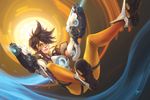  abstract_background aiming_at_viewer bodysuit bomber_jacket brown_eyes brown_hair dual_wielding finger_on_trigger full_body goggles gun handgun highres holding jacket koloromuj lips looking_at_viewer messy_hair nose orange_bodysuit overwatch science_fiction short_hair signature smile solo spiked_hair tracer_(overwatch) weapon 