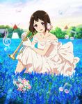  artist_request beamed_eighth_notes blue_flower brown_hair cloud collarbone day dress eighth_note flower full_body glass_slipper gloves hair_flower hair_ornament hibike!_euphonium highres instrument jewelry kyoto_animation looking_at_viewer musical_note nakaseko_kaori necklace official_art open_mouth outdoors pink_eyes quarter_note sitting solo treble_clef trumpet white_gloves windmill 