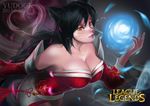  absurdres ahri animal_ears artist_name bare_shoulders black_hair breasts cleavage copyright_name dated detached_sleeves energy_ball fox_ears highres large_breasts league_of_legends long_hair slit_pupils solo whisker_markings yellow_eyes yuudokou_shounen 