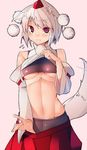  :3 animal_ears bare_shoulders bike_shorts breasts cowboy_shot crop_top detached_sleeves hakama hat highres hira_(nanika_no_heya) inubashiri_momiji japanese_clothes large_breasts looking_at_viewer midriff navel pink_background pom_pom_(clothes) red_eyes red_hakama red_hat red_skirt shirt shirt_lift shorts shorts_under_skirt simple_background skirt skirt_pull sleeveless sleeveless_shirt solo tail tail_wagging tokin_hat touhou underboob white_shirt wolf_ears wolf_tail 