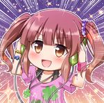  bangs blush bracelet brown_eyes brown_hair chibi commentary_request emphasis_lines four-leaf_clover_necklace headphones idolmaster idolmaster_cinderella_girls jewelry long_hair looking_at_viewer necklace nichika_(nitikapo) ogata_chieri open_mouth scrunchie smile solo twintails wristband 