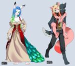  anthro blue_background breasts canine clothed clothing dress duo fangs feline female lagomorph male mammal multiple_images one_eye_closed open_mouth rabbit rekuuhh simple_background smile solo standing teeth tongue 