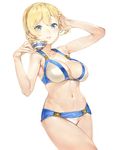  adjusting_hair aos bare_shoulders bikini blonde_hair blue_eyes blush braid breasts cleavage cowboy_shot cup darjeeling flag_print girls_und_panzer holding holding_cup large_breasts navel parted_lips print_ornament smile solo swimsuit teacup thighs union_jack united_kingdom 
