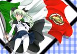  anchovy anzio_(emblem) anzio_school_uniform bangs bbgaoimikan black_neckwear black_ribbon black_skirt bow bow_panties cape dress_shirt drill_hair emblem flag girls_und_panzer green_hair grin hair_ribbon hand_on_hip holding holding_flag italian_flag long_hair long_sleeves looking_at_viewer miniskirt necktie panties panties_under_pantyhose pantyhose pantyshot pantyshot_(standing) pleated_skirt red_eyes ribbon school_uniform shirt skirt smile solo standing twin_drills twintails underwear white_legwear white_panties white_shirt wind wind_lift 