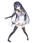  armpits black_eyes black_hair black_legwear bow bridal_gauntlets collarbone full_body gokukoku_no_brynhildr highres inushi kuroha_neko long_hair school_uniform simple_background solo thighhighs white_background zettai_ryouiki 