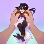  2016 ambiguous_gender anthro black_fur black_hair blue_background cute disembodied_hand duo english_text feline fluffy fur hair half-closed_eyes holding_character human long_hair looking_at_viewer mammal navel nude one_eye_closed open_mouth pawpads petting pink_nose simple_background smile solo_focus teeth text waitress_(artist) watermark white_fur wink yellow_pawpads yellow_tongue 