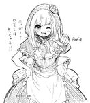  annie_hastur bangs blush character_name dress flat_chest hand_on_hip hood league_of_legends looking_at_viewer monochrome one_eye_closed open_mouth otani_(kota12ro08) pointing pointing_at_viewer puffy_short_sleeves puffy_sleeves red_riding_annie short_hair short_sleeves sketch smile solo translation_request white_background 