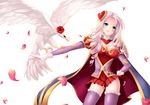  animal_on_arm ashe_(league_of_legends) bangs bird bird_on_arm breasts cape cowboy_shot curly_hair flower gloves hair_ornament hamifr hand_on_hip heart heart_hair_ornament heartseeker_ashe highres league_of_legends long_hair long_sleeves looking_up medium_breasts miniskirt panties parted_bangs petals rose rose_petals simple_background skirt smile smirk solo thighhighs underwear white_background white_gloves white_hair zettai_ryouiki 