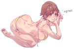  aningay ass barefoot bikini blush breasts brown_eyes brown_hair covered_nipples full_body honda_mio idolmaster idolmaster_cinderella_girls korean large_breasts short_hair side-tie_bikini simple_background swimsuit tongue translation_request white_background yellow_bikini 