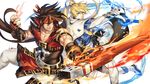  back-to-back blonde_hair brown_eyes brown_hair capelet curre electricity fingerless_gloves fire gloves guilty_gear guilty_gear_xrd headband highres ky_kiske making_of male_focus multiple_boys muscle ponytail sol_badguy sword weapon 