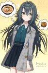  1girl artist_name black_skirt blush coat commentary_request food gakuen_idolmaster green_eyes green_hair green_shirt grey_coat hair_flaps highres idolmaster imagining katsudon_(food) long_hair lvetica noodles plaid_clothes plaid_coat ramen shirt shirt_tucked_in sideways_glance skirt solo speech_bubble thought_bubble tsukimura_temari twitter_username very_long_hair watermark 