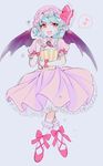  bat_wings blue_hair brooch dress eating eighth_note food full_body hat hat_ribbon highres jewelry looking_at_viewer mob_cap musical_note open_mouth pink_dress popcorn puffy_short_sleeves puffy_sleeves red_eyes remilia_scarlet ribbon rosette_(roze-ko) short_sleeves smile solo spoken_musical_note touhou wings wrist_ribbon 