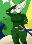  2016 anthro belt big_breasts black_nose blue_background blue_eyes breasts brown_fur canine clothed clothing english_text female fennec flag fox fur grey_hair hair hi_res long_hair mammal melee_weapon military_uniform nightfaux salute signature simple_background solo sword text uniform weapon 