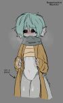 animal_genitalia animal_humanoid bandage bandaged_chest bandaged_hand black_eyes black_sclera blue_hair blush blush_lines bodily_fluids breath brown_trenchcoat cameohasdied clothed clothing clothing_bite coat ear_frill embarrassed english_text fin fish fish_humanoid fish_tail frill_(anatomy) genital_fluids genital_slit genitals grey_body hair humanoid male marine marine_humanoid membrane_(anatomy) membranous_frill mizuno_(cirihtt) multicolored_body navel nervous presenting presenting_slit pupils scarf scarf_bite simple_background slit_juice solo spiral_eyes spiral_pupils sweat tail tail_ridge tears text thigh_gap topwear trenchcoat white_pupils young_(lore)