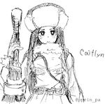  belt breasts caitlyn_(league_of_legends) character_name frown fur_hat fur_trim greyscale gun hat holding holding_weapon large_breasts league_of_legends long_hair looking_at_viewer monochrome otani_(kota12ro08) sketch solo twitter_username upper_body weapon winter_clothes winter_uniform 