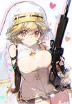  :&gt; atsumi_jun blush braid breasts bridal_gauntlets brown_eyes brown_hair character_request cleavage closed_mouth cross gun habit heart holding holding_gun holding_weapon large_breasts long_hair psg-1 rifle scope sniper_rifle solo thigh_gap thighhighs trickster very_long_hair weapon white_legwear 