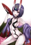  alcohol breasts cup fate/grand_order fate_(series) highres horns looking_at_viewer nonoririn oni purple_eyes purple_hair revealing_clothes sakazuki sake short_hair shuten_douji_(fate/grand_order) sideboob small_breasts solo 