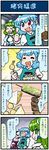  4koma artist_self-insert blue_hair breasts closed_eyes comic commentary eating ebiyaki food frog_hair_ornament green_eyes green_hair hair_ornament hands_on_own_stomach heart heterochromia highres juliet_sleeves karakasa_obake kebab kochiya_sanae large_breasts long_sleeves mizuki_hitoshi multiple_girls open_mouth puffy_sleeves real_life_insert shirt smile snake_hair_ornament spoken_heart stomach_bulge sweat tatara_kogasa touhou translated umbrella vest 