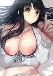  1girl absurdres areolae bangs bikini black_hair blush breast_hold breasts censored cum cum_on_body cum_on_lower_body cum_on_upper_body detexted front-tie_bikini front-tie_top green_eyes handjob hetero highres hinoshita_akame katou_megumi large_areolae large_breasts long_hair looking_at_viewer lying mosaic_censoring nipples off_shoulder on_back parted_lips penis saenai_heroine_no_sodatekata scan sidelocks solo_focus swimsuit third-party_edit 