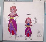  character_sheet cleavage concept_art dragon_ball dragon_ball_xenoverse earrings female flat_color looking_at_viewer pink_hair pink_skin pointy_ears supreme_kai_of_time translation_request 