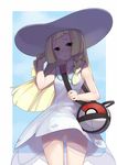  :o ass_visible_through_thighs bag bangs blonde_hair blue_background blush border braid breasts collarbone cowboy_shot dress eyelashes frostcyco green_eyes hair_tucking hat highres holding_strap lillie_(pokemon) long_hair looking_at_viewer no_panties outside_border pokemon pokemon_(game) pokemon_sm see-through shade sleeveless sleeveless_dress small_breasts solo sun_hat twin_braids white_border white_dress 