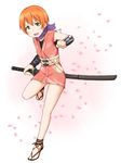  :3 arm_guards belt belt_pouch blush cherry_blossoms commentary_request dress hoshizora_rin japanese_clothes katana kimono leg_up looking_at_viewer love_live! love_live!_school_idol_project mohya ninja no_socks orange_hair pink_dress pouch sandals scarf short_hair short_kimono sleeveless sleeveless_kimono solo sword weapon yellow_eyes 