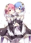  blue_eyes blue_hair hair_ornament hair_over_one_eye highres looking_at_viewer maid motohara_moka multiple_girls pink_hair ram_(re:zero) re:zero_kara_hajimeru_isekai_seikatsu rem_(re:zero) short_hair siblings sisters twins x_hair_ornament 