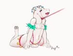 anthro balls black_sclera bovid caprine chastity_cage chastity_device christmas christmas_clothing christmas_decorations clothing collar dragomor fur garland genitals goat gospod holidays hooves horn leash leash_pull leashed_collar male mammal markings navel navel_piercing nipples nude open_mouth piercing solo tail tongue white_body white_fur