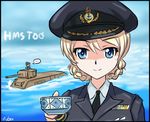  1girl blonde_hair blue_eyes commentary cup cyber_(cyber_knight) darjeeling girls_und_panzer ground_vehicle hat looking_at_viewer military military_hat military_uniform military_vehicle motor_vehicle ocean solo tank teacup tog_ii uniform world_of_tanks 
