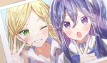  2girls blonde_hair blue_hair colored_inner_hair commentary_request green_eyes highres izumi_shiho long_hair mizuguchi_aki multicolored_hair multiple_girls one_eye_closed open_mouth photo_(object) purple_eyes purple_hair sasayaku_you_ni_koi_wo_utau school_uniform v watermark yunagi_(yng_hoti) 