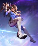  ;) bodysuit breasts brown_hair caesty d.va_(overwatch) facial_mark gloves headphones jpeg_artifacts long_hair looking_at_viewer medium_breasts one_eye_closed overwatch smile solo v watermark whisker_markings 