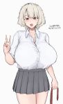  1girl :d blonde_hair blush bralines breasts brown_eyes brown_necktie collared_shirt commentary_request cowboy_shot dress_shirt grey_skirt highres holding holding_necktie holding_unworn_clothes huge_breasts looking_at_viewer messy_hair miniskirt necktie open_mouth original partially_unbuttoned pleated_skirt shirt shirt_tucked_in short_hair simple_background skirt sleeves_rolled_up smile solo standing toome touko_(toome) translation_request unworn_necktie v white_background white_shirt 