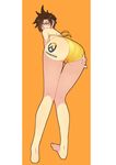  absurdres ass barefoot bent_over bikini goggles highres kneepits legs logo long_legs looking_at_viewer looking_back overwatch short_hair smirk solo swimsuit thighs tracer_(overwatch) yellow_bikini zxj 
