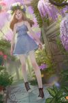  aekkarat_sumatchaya arch blue_dress blurry bokeh breasts brown_hair cleavage commentary depth_of_field dress flower flower_request from_below full_body hair_flower hair_ornament head_wreath lips long_hair mouth original perspective plant shoes small_breasts sneakers solo walking 