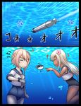  2girls :d ^_^ blowfish closed_eyes comic fish flower hair_flower hair_ornament highres i-58_(kantai_collection) kantai_collection long_hair multiple_girls ocean open_mouth pink_eyes pink_hair ro-500_(kantai_collection) school_swimsuit school_uniform serafuku short_hair silver_eyes silver_hair smile submerged swimsuit swimsuit_under_clothes tan tanline torpedo translated tsukemon 