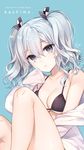  bare_shoulders bikini black_bikini black_ribbon blue_background blue_eyes breasts character_name cleavage closed_mouth collarbone eyebrows eyebrows_visible_through_hair frown hair_ribbon hand_up head_tilt highres kaguyuzu kantai_collection kashima_(kantai_collection) knees_up long_sleeves medium_breasts open_clothes open_shirt ribbon shirt short_twintails silver_hair simple_background solo swimsuit twintails wavy_hair white_shirt 