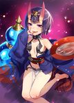  :q alcohol bob_cut breasts cup fang fate/grand_order fate_(series) highres horns looking_at_viewer md5_mismatch murakami_yuichi oni purple_background purple_eyes purple_hair sakazuki sake short_hair shuten_douji_(fate/grand_order) small_breasts solo tongue tongue_out 