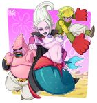  belt breasts cape chocolate chocolate_on_face collar colored_skin commentary cosplay crossover detached_sleeves dr._arinsu dragon_ball dragon_ball_daima english_commentary floating_hair food food_on_face gloves highres karate large_breasts majin_duu majin_kuu mermaid monster_girl patrick_star patrick_star_(cosplay) percodine pointing pointing_at_viewer pointy_ears puffy_pants purple_eyes purple_skin sea_sponge seashell shell shell_pasties spongebob_squarepants spongebob_squarepants_(cosplay) spongebob_squarepants_(series) starfish 