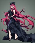  1girl :d alternate_hair_color black_dress black_footwear black_gloves dress floating_hair full_body gloves grey_background half_gloves high_heels highres liquid_hair long_dress long_hair looking_at_viewer macross macross_delta mikumo_guynemer open_mouth pump red_eyes red_hair shimatani_azu simple_background sleeveless sleeveless_dress smile solo standing strapless strapless_dress very_long_hair 