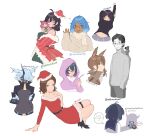  &gt;_&lt; 2boys 6+girls absurdres ahoge arms_up black_hair black_sailor_collar black_shrug black_skin blonde_hair blue_eyes blue_hair blush borrowed_character breasts brown_hair character_doll collared_shirt colored_skin commentary cropped_torso crossed_bangs d: dark-skinned_female dark_skin different_shadow doll dress dress_shirt dx english_commentary english_text glasses gradient_hair grey_sweater hair_between_eyes hair_over_one_eye hand_up hands_in_pockets hat heart highres hito_(maruhito_) holding holding_doll hood hood_up hoodie just_a_chill_guy_(meme) knit_sweater large_breasts light_blue_hair long_sleeves love_live! love_live!_nijigasaki_high_school_idol_club medium_hair meme midriff_peek multicolored_hair multiple_boys multiple_girls nakasu_kasumi navel nose_blush one_eye_covered open_mouth original oshawott partially_colored pink_hair pokemon purple_eyes purple_hair purple_hoodie sailor_collar santa_costume santa_dress santa_hat scarf school_uniform semi-rimless_eyewear serafuku shadow shirt short_hair short_sleeves shrug_(clothing) simple_background speech_bubble stretching sweater tennoji_rina turtleneck turtleneck_sweater twitter_username two-tone_hair two_side_up under-rim_eyewear very_short_hair white_background white_scarf white_shirt 