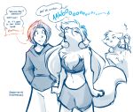  2019 absurd_res anthro awoo blush breasts canid canine canis chest_tuft cleavage clothed clothing database_error_(twokinds) dialogue english_text eyes_closed female feral group hands_in_pockets hi_res howl human keidran male mammal midriff monochrome mrs._nibbly ponytail raine_(twokinds) rodent sciurid shorts simple_background sketch smile stubble sythe_(twokinds) text tom_fischbach topless tree_squirrel tuft twokinds unamused webcomic white_background wolf 