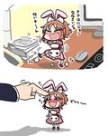  2koma abe_nana angry animal_ears blush bunny_ears closed_eyes comic happy highres idolmaster idolmaster_cinderella_girls index_finger_raised minigirl mouse multiple_views open_mouth petting table tantrum translated tsunamayo 