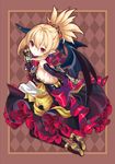  absurdres bat_wings black_gloves black_legwear blonde_hair blush bow breasts cup demon_girl disgaea dress earrings elbow_gloves food gloves highres ice_cream jewelry kikimi looking_at_viewer makai_senki_disgaea_2 pointy_ears red_bow red_eyes rozalin small_breasts solo spoon strapless strapless_dress strappy_heels wings yellow_bow 