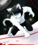  abs anthro black_hair clothed clothing facial_piercing feline fur hair lip_piercing male mammal navel open_mouth piercing rekuuhh slit_pupils solo tiger topless white_fur 