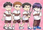  4boys :o black_hair blue_eyes blue_hair bright_pupils brown_hair brown_pants brown_shorts collared_shirt deformed frown fuji_yuuta full_body hair_between_eyes highres hiziki723 jacket kaneda_ichiro lineup mizuki_hajime multiple_boys nomura_takuya outline pants pink_background racket scar scar_on_face scar_on_forehead shirt shoes short_hair short_sleeves shorts smile sneakers sportswear sweat sweatband tennis_no_ouji-sama tennis_racket tennis_uniform track_jacket v-shaped_eyebrows very_short_hair wavy_hair white_outline white_pupils wide-eyed wristband 