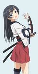  agano_(kantai_collection) bandages black_hair blue_eyes cup highres holding holding_cup japanese_clothes kantai_collection kisetsu long_hair open_mouth samurai sheath sheathed skirt smile solo sword weapon 