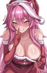  1girl animal_ears areola_slip artist_name bandaid bandaids_on_nipples bare_shoulders belt blue_hair blush breasts brown_belt cleavage clothes_lift collarbone commentary crossed_bandaids dress dress_lift elbow_gloves fang finger_to_mouth fur-trimmed_dress fur-trimmed_gloves fur-trimmed_headwear fur_trim gloves hair_intakes hat highres hololive hololive_english index_finger_raised kekeko2024 lifting_own_clothes light_blue_hair long_hair looking_at_viewer multicolored_hair panther_ears panther_girl pasties pink_hair pom_pom_(clothes) raora_panthera red_dress red_gloves red_hat santa_costume santa_dress santa_gloves santa_hat shushing simple_background solo streaked_hair teeth twitter_username virtual_youtuber white_background white_hair yellow_eyes 