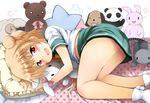  :d battle_girl_high_school bed blonde_hair blush commentary_request double_bun frilled_pillow frills fujisaka_lyric looking_at_viewer lying on_side open_mouth pillow red_eyes skirt skirt_lift smile solo stuffed_toy watagi_michelle 